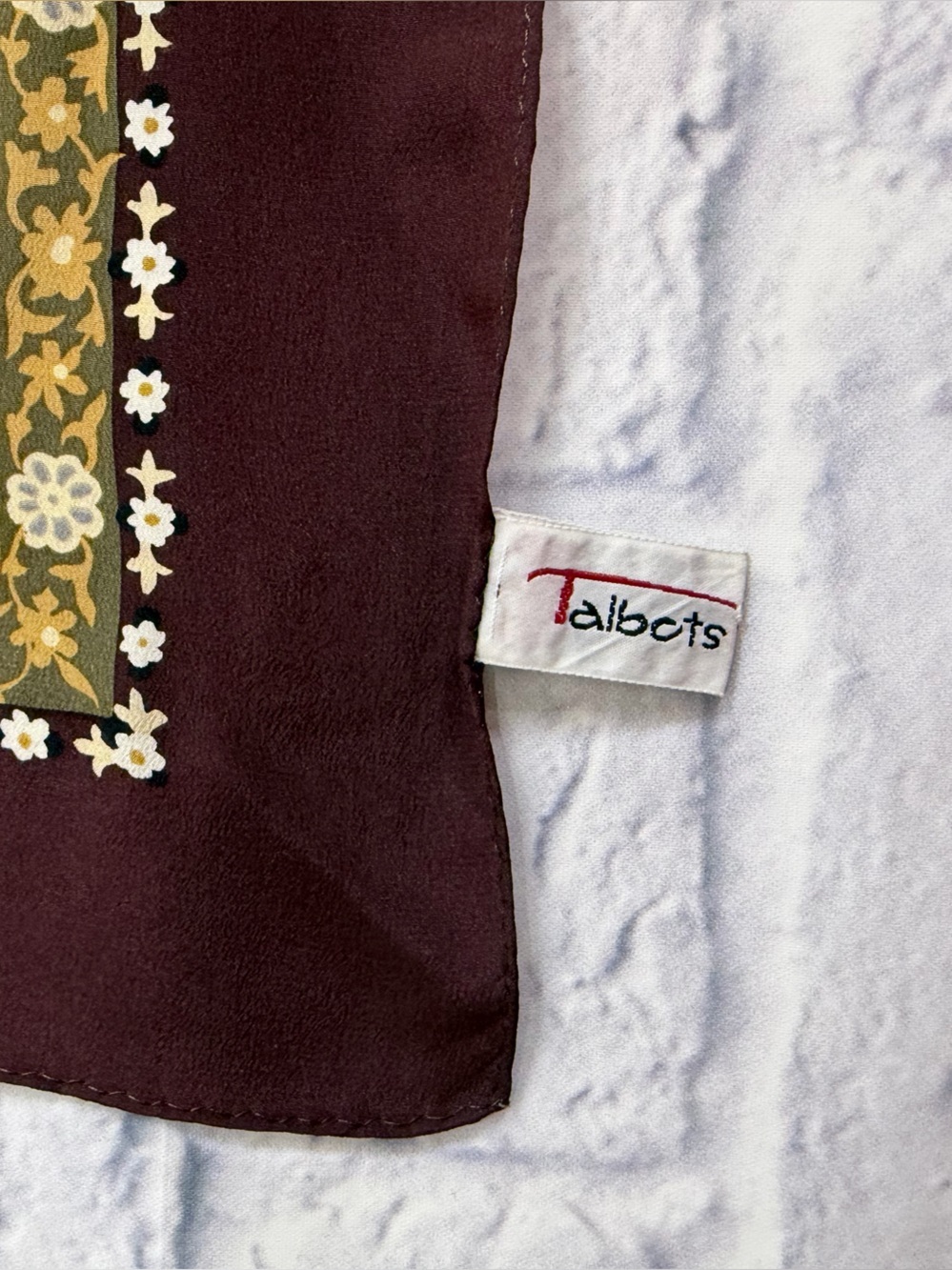 Talbots Burgundy and Mustard Floral Border Square Scarf - Picture 3 of 8